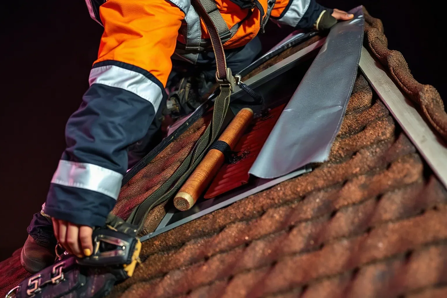 A roofer in an orange hi-vis jacket and safety harness works on a pitched roof covered in brown tiles, lifting a sheet of metal flashing