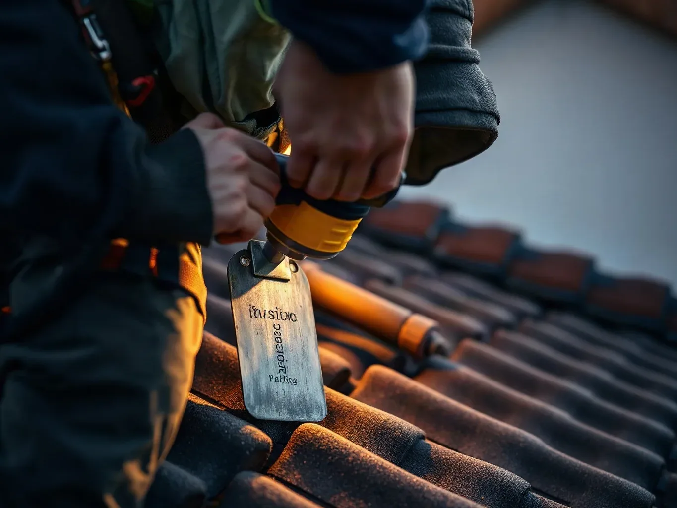 A roofer in a safety harness at the eaves of a pitched residential roof holding a metal roofing trowel and examining the underside of a lifted clay tile by torchlight in low early-morning light.