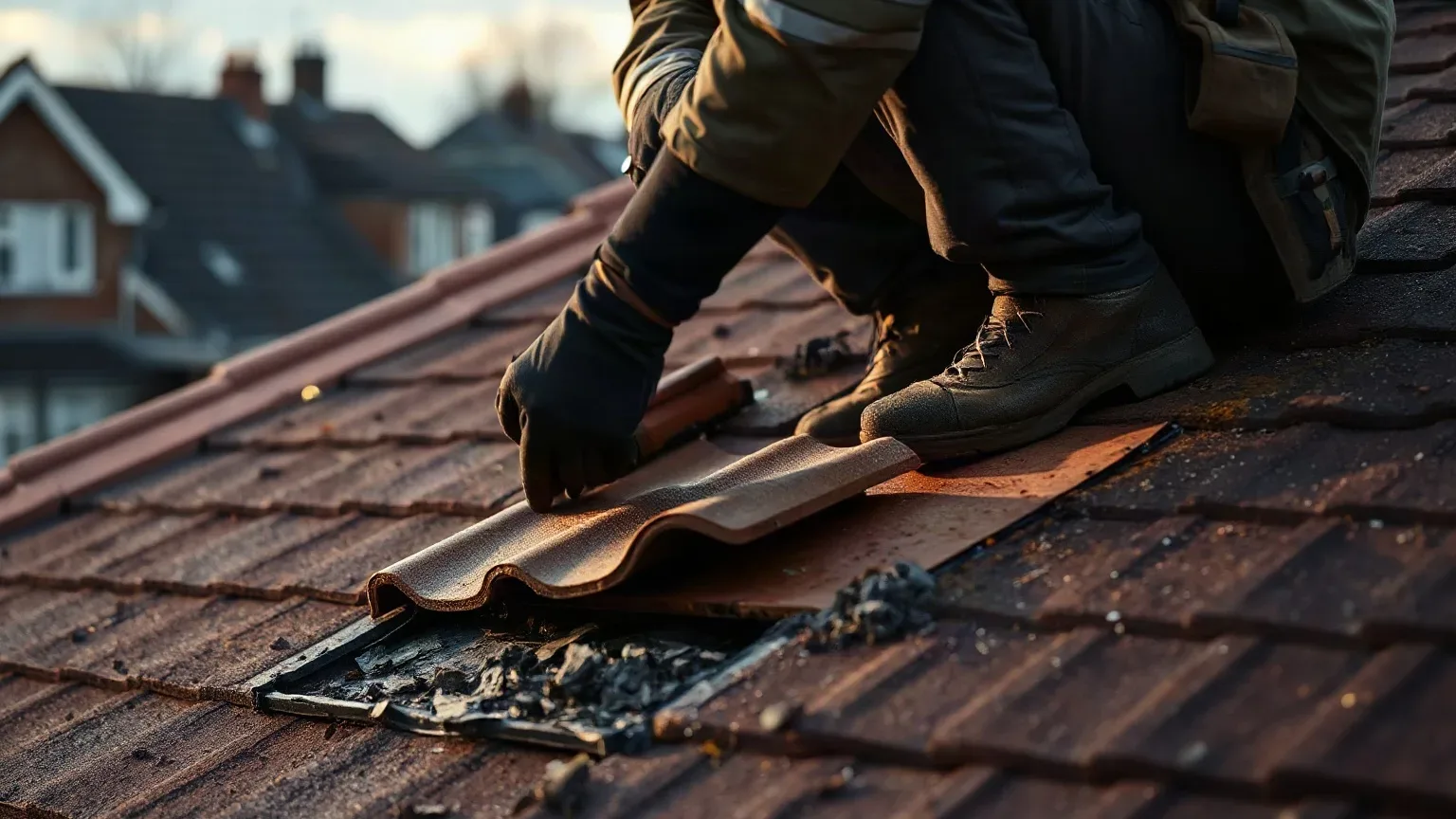 A roofer in workwear crouching on a pitched residential roof in pre-dawn darkness and pressing roofing felt underlayment back flat beneath a displaced clay tile before fitting a replacement.