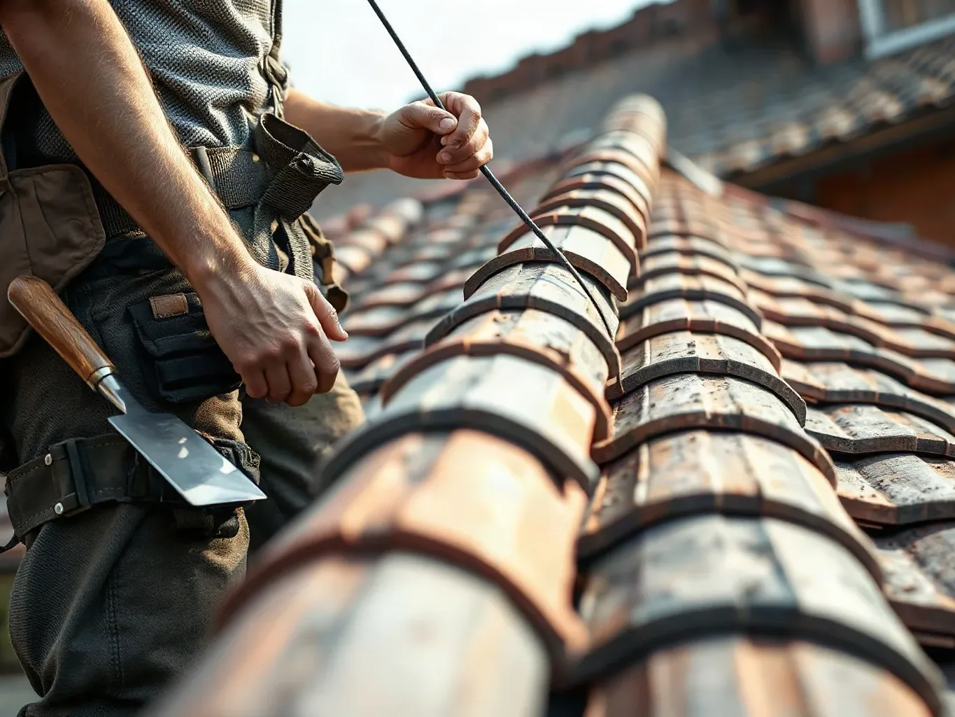 A roofer in a safety harness methodically checking each clay tile along a full course on a pitched residential roof during a routine inspection visit, metal roofing trowel tucked into a work belt.