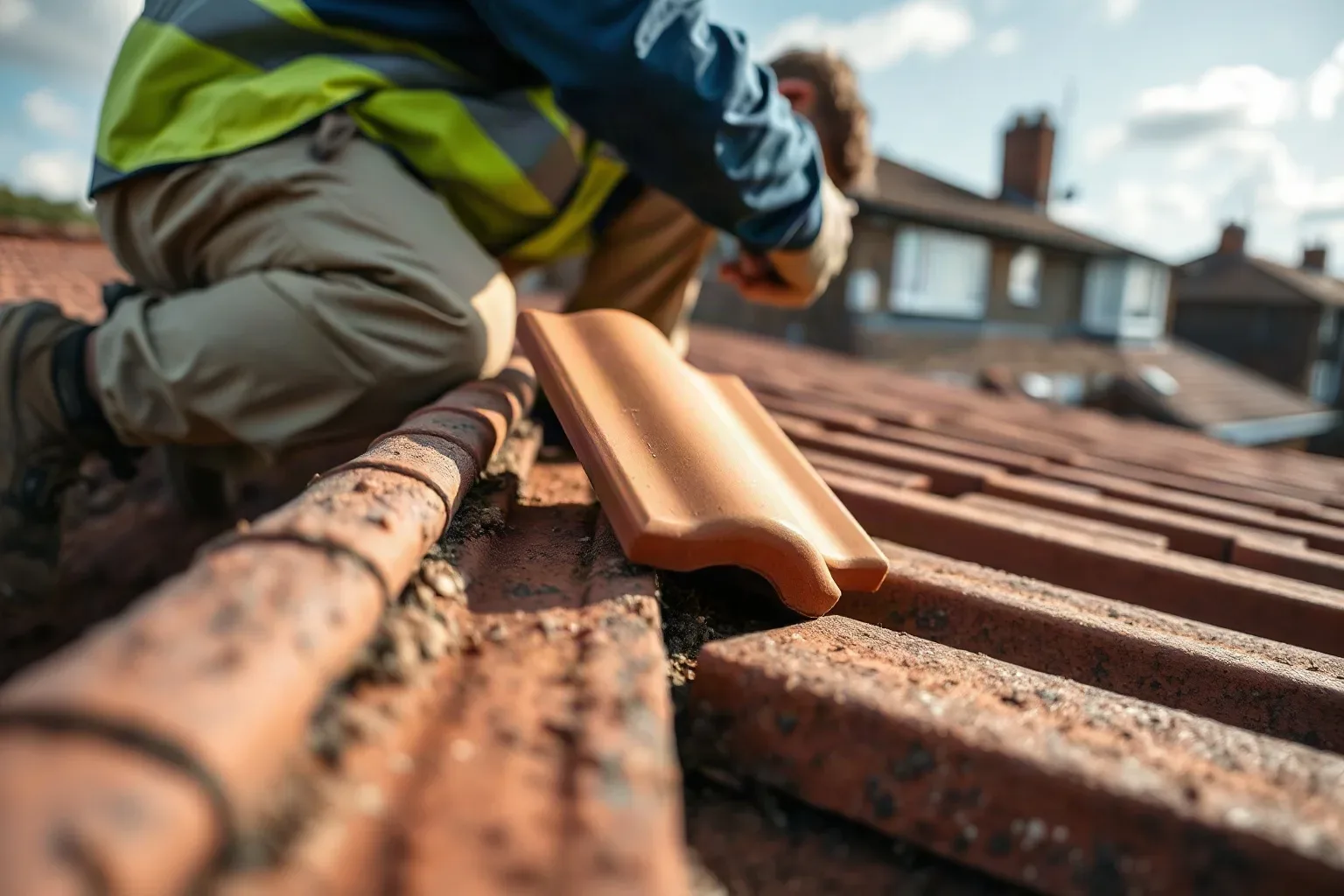 A worker in a hi-vis vest crouches on a clay-tiled roof, placing a new terracotta tile amongst weathered existing tiles on a residential roof