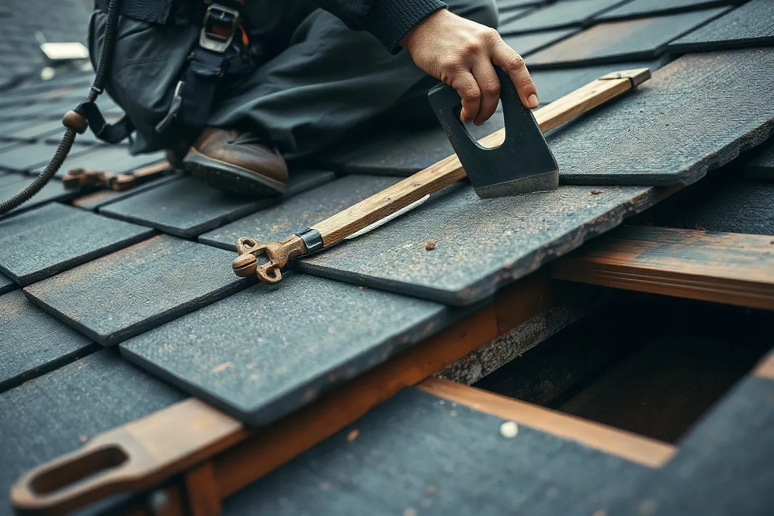 A roofer in a safety harness using a slate ripper tool to remove a split clay tile from a pitched residential roof in dim overcast light, roofing felt underlayment partially visible in the open channel beside it.