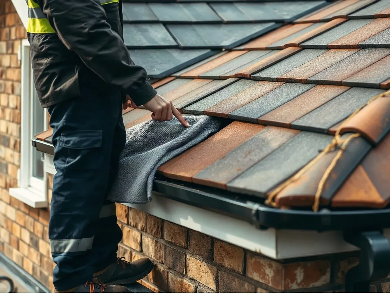 A roofer in full workwear standing at the eaves edge of a pitched residential roof and pointing toward a gap in the clay tile course where slates have been displaced, the roofing felt underlayment visible below.