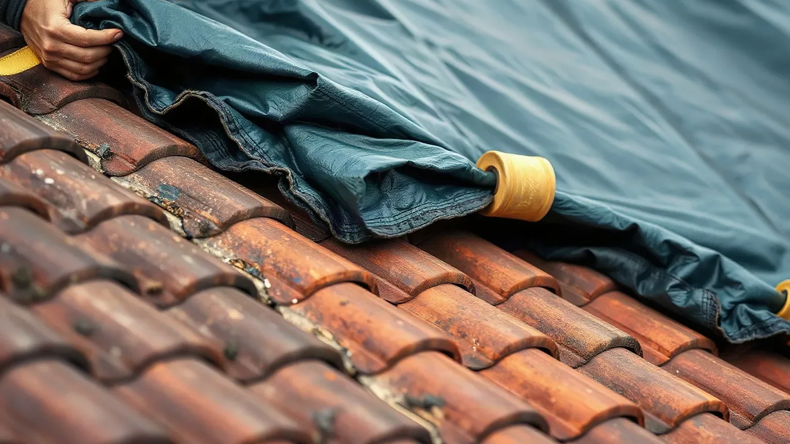 A roofer in a safety harness stretching a heavy-duty reinforced tarp over a storm-damaged pitched residential roof section and pressing its edge down under a clay tile course to create a sealed weather barrier.