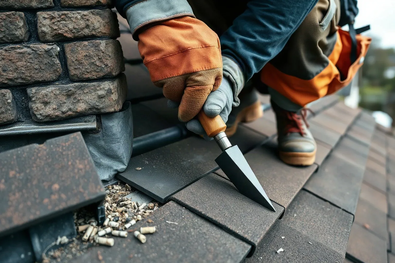 A roofer in workwear crouching beside a chimney stack on a pitched residential roof and using a metal roofing trowel to probe the lead flashing joint for separation after storm-force winds have disturbed the seal.
