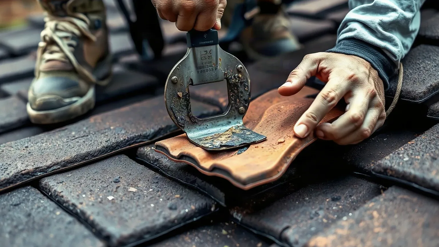 A roofer in a safety harness using a slate ripper tool to remove a storm-cracked clay tile from a pitched residential roof while carefully supporting adjacent undamaged tiles with one hand.