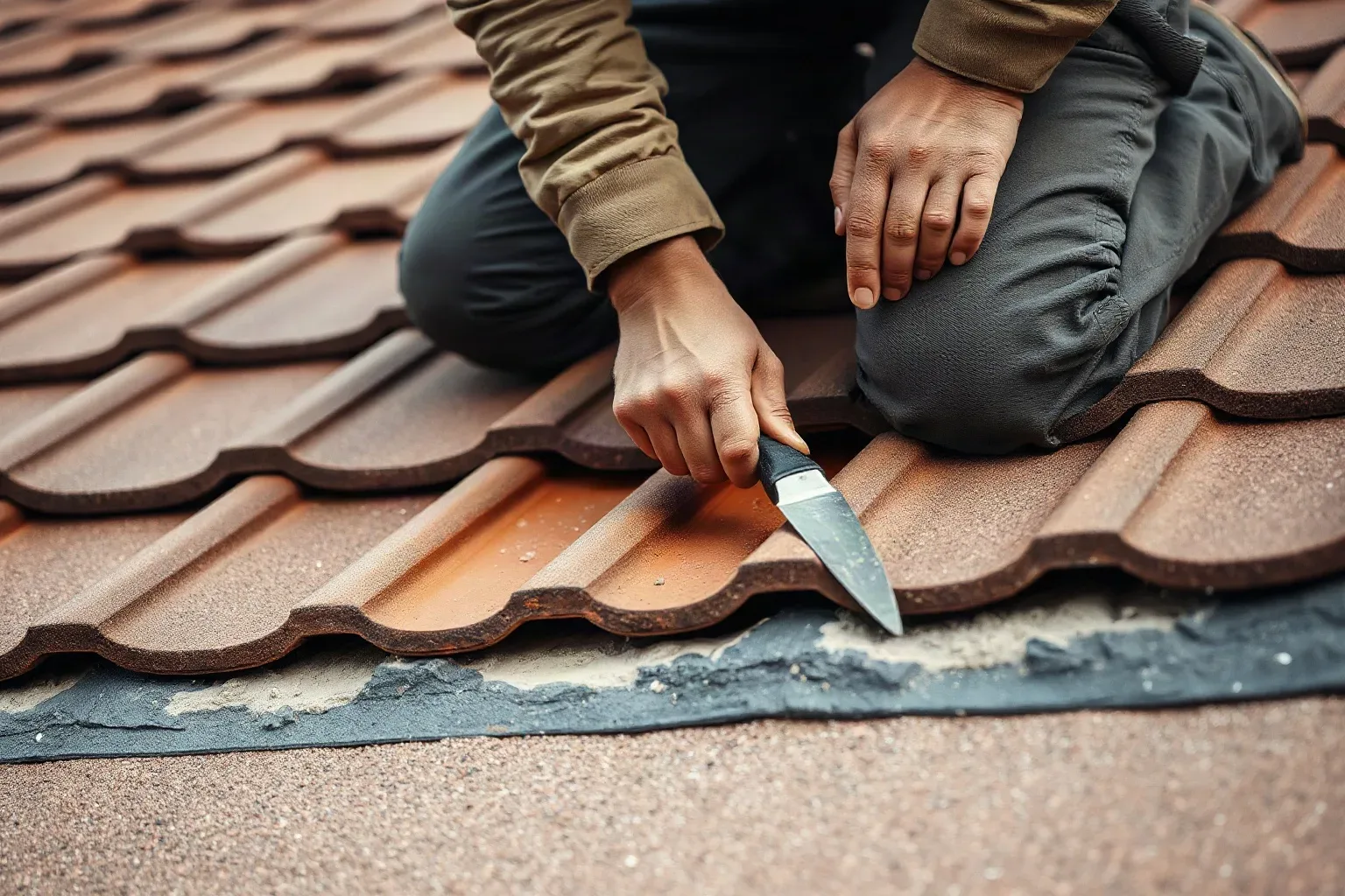 A roofer in full workwear kneeling on a pitched residential roof and pressing a replacement clay tile into position in a course where storm damage has left a gap, smoothing mortar around its edges with a trowel.