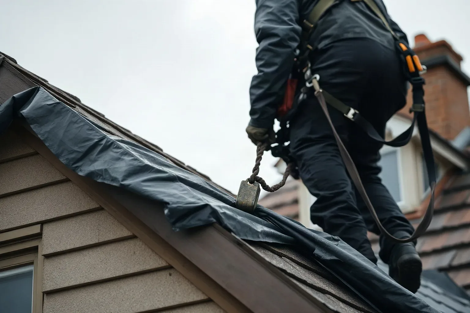 A roofer in a safety harness securing the weighted batten along the lower edge of a heavy-duty tarp that has been spread over a large storm-damaged section of a pitched residential roof on a wet grey day.