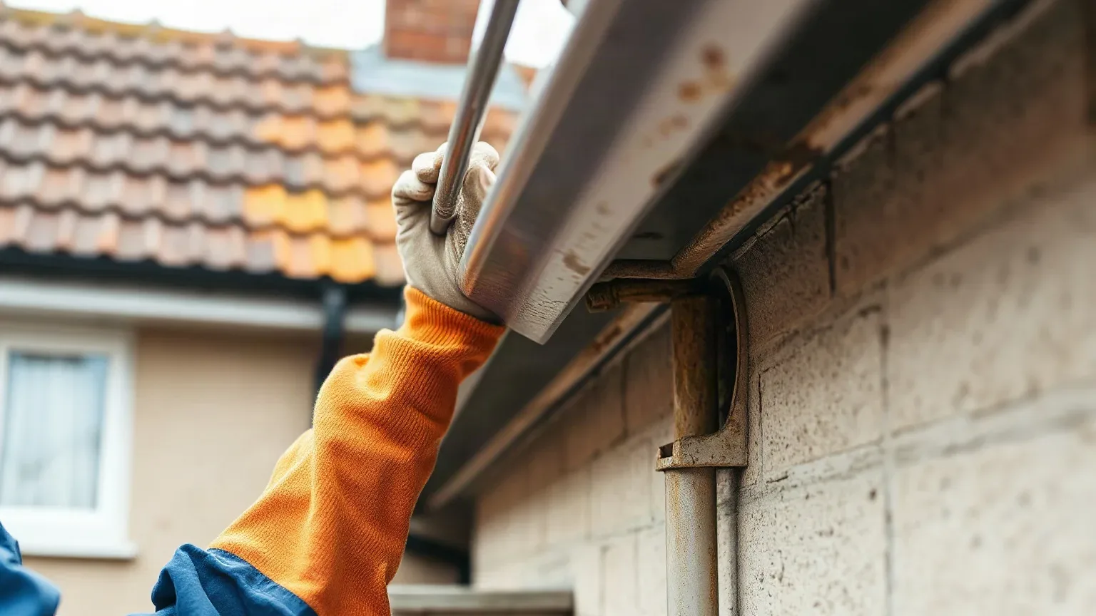 A person wearing orange work gloves and a blue jacket reaches up to handle a metal guttering section fixed to the exterior wall of a house