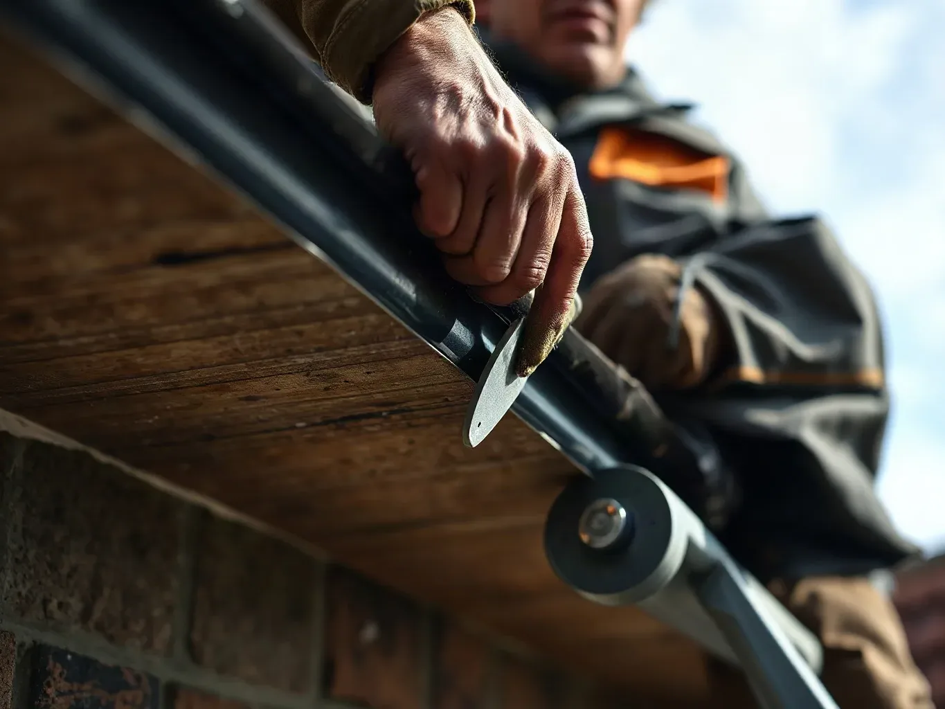 A roofer in full workwear on a ladder at the eaves of a pitched residential roof removing old hardened putty from a leaking cast iron gutter joint with a hand scraper before cleaning the mating faces for resealing.