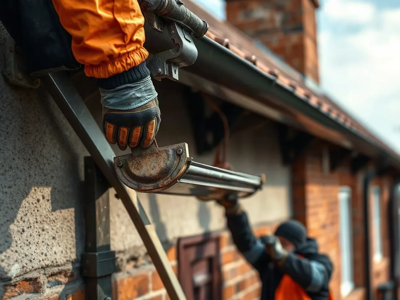 A roofer in workwear carefully lifting a section of cast iron guttering away from its fixing brackets at the eaves of a pitched residential roof and lowering it to a waiting colleague below during a restoration job.