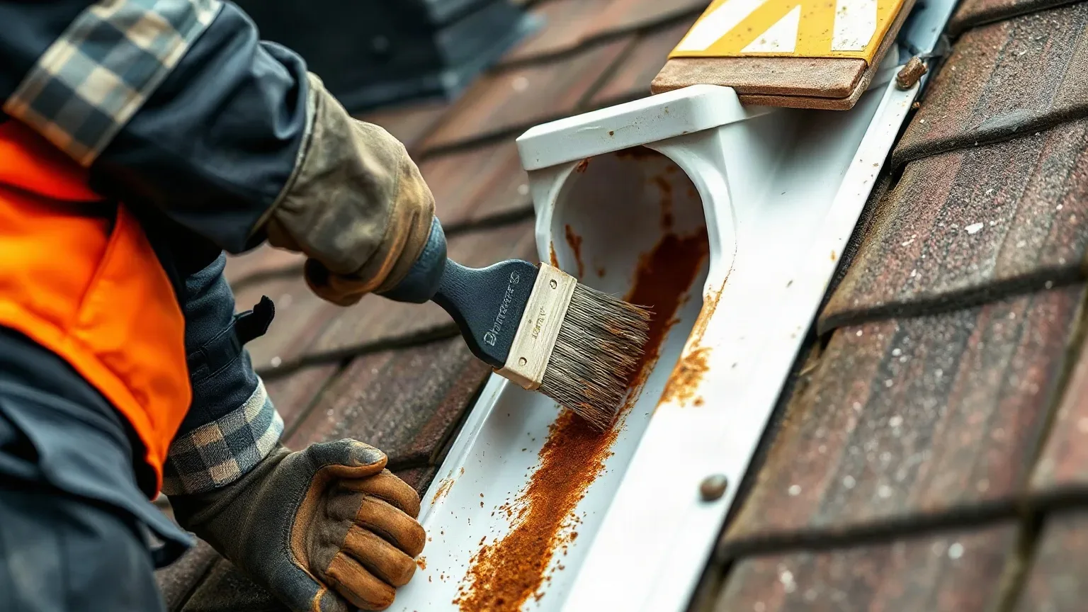 A roofer in full workwear at the eaves of a pitched residential roof applying a primer coat to the interior face of a cast iron gutter run using a brush after wire-brushing back all rust to prepare for fresh paint protection.