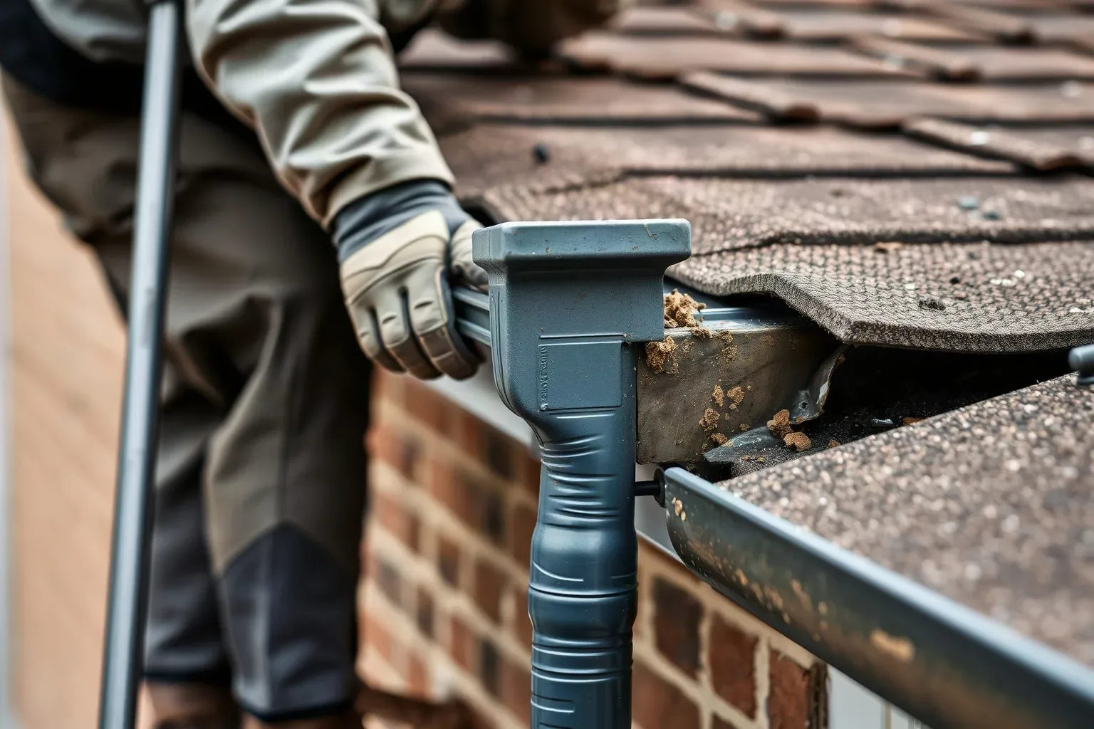 A roofer in workwear on a ladder at the eaves of a pitched residential roof refitting a cast iron gutter section onto its original brackets after resealing its joints and applying a fresh mastic bead to each connection point.