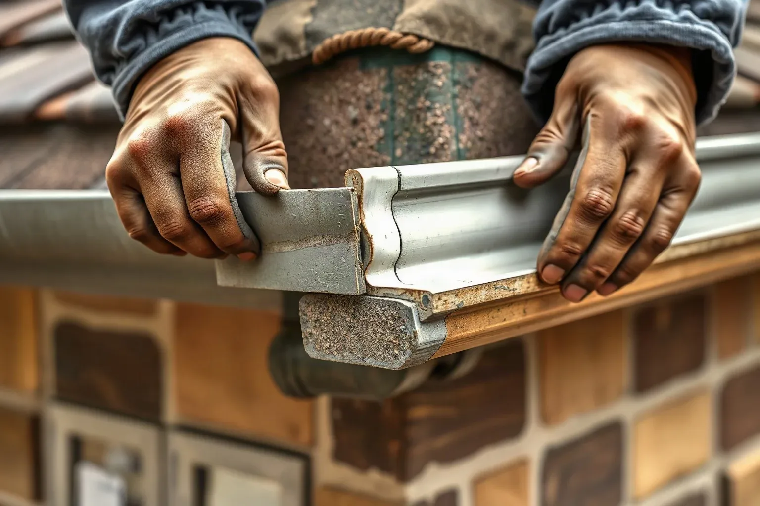 A roofer in full workwear applying a bead of fresh gutter mastic to the lapped joint between two cast iron gutter sections at the eaves of a pitched residential roof and pressing the joint together firmly before allowing it to cure.