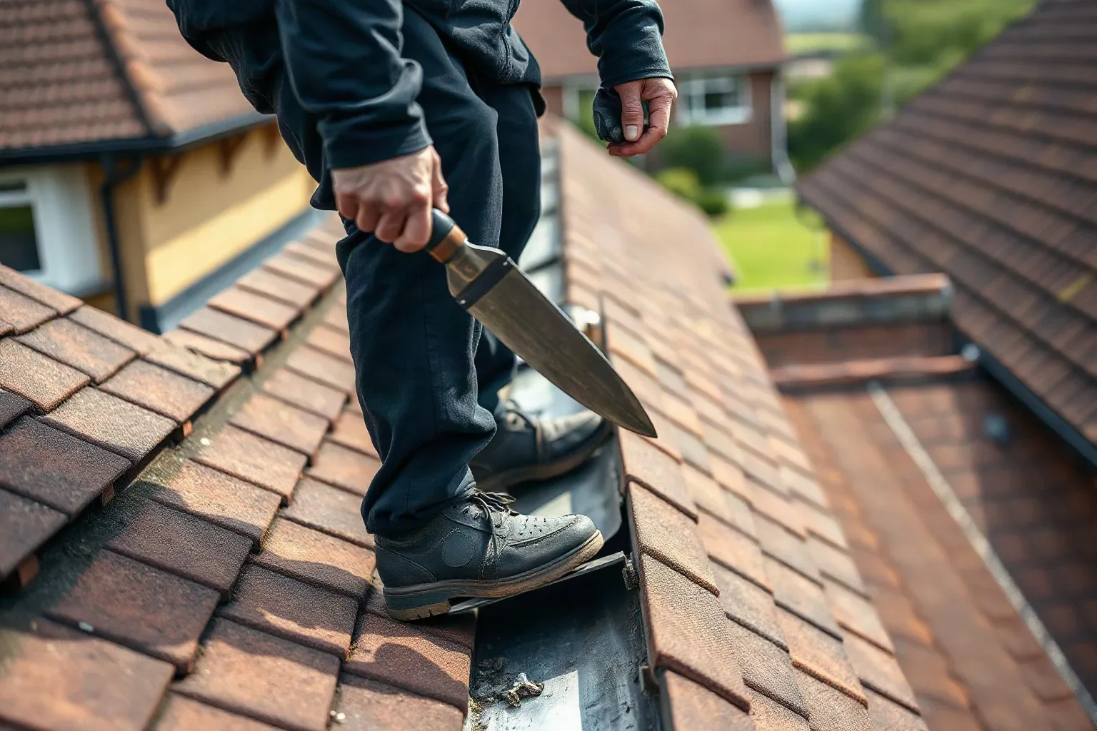 A person standing on a pitched tiled roof holds a large knife-style tool whilst working at the roof edge