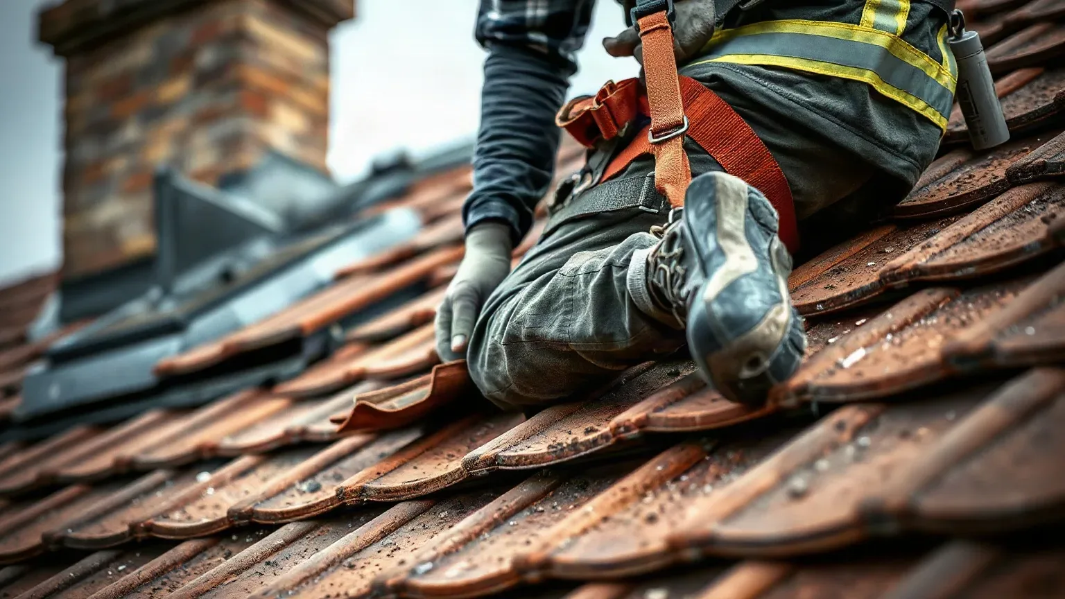 A roofer in a safety harness kneeling on a pitched residential roof beside a chimney stack and carefully lifting adjacent clay tiles to check the roofing felt underlayment beneath for damage before structural work begins.