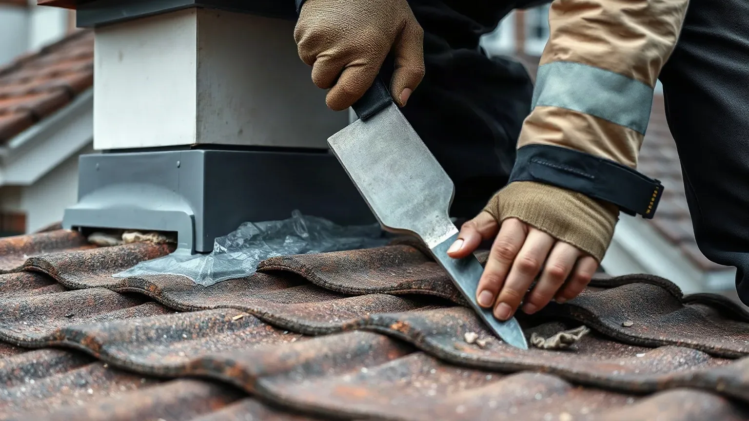 A roofer in full workwear using a slate ripper tool to lift a clay tile adjacent to a chimney stack on a pitched residential roof and expose the felt underlayment beneath while assessing the repair scope after internal breast removal.