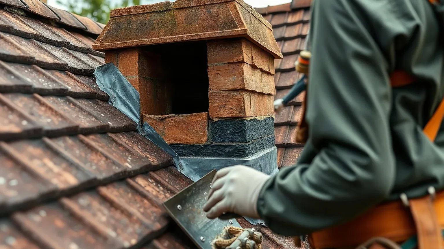 A roofer in a safety harness standing beside a chimney stack on a pitched residential roof and examining the lead flashing and surrounding clay tile course with a metal roofing trowel to confirm the stack is stable above the removed breast.