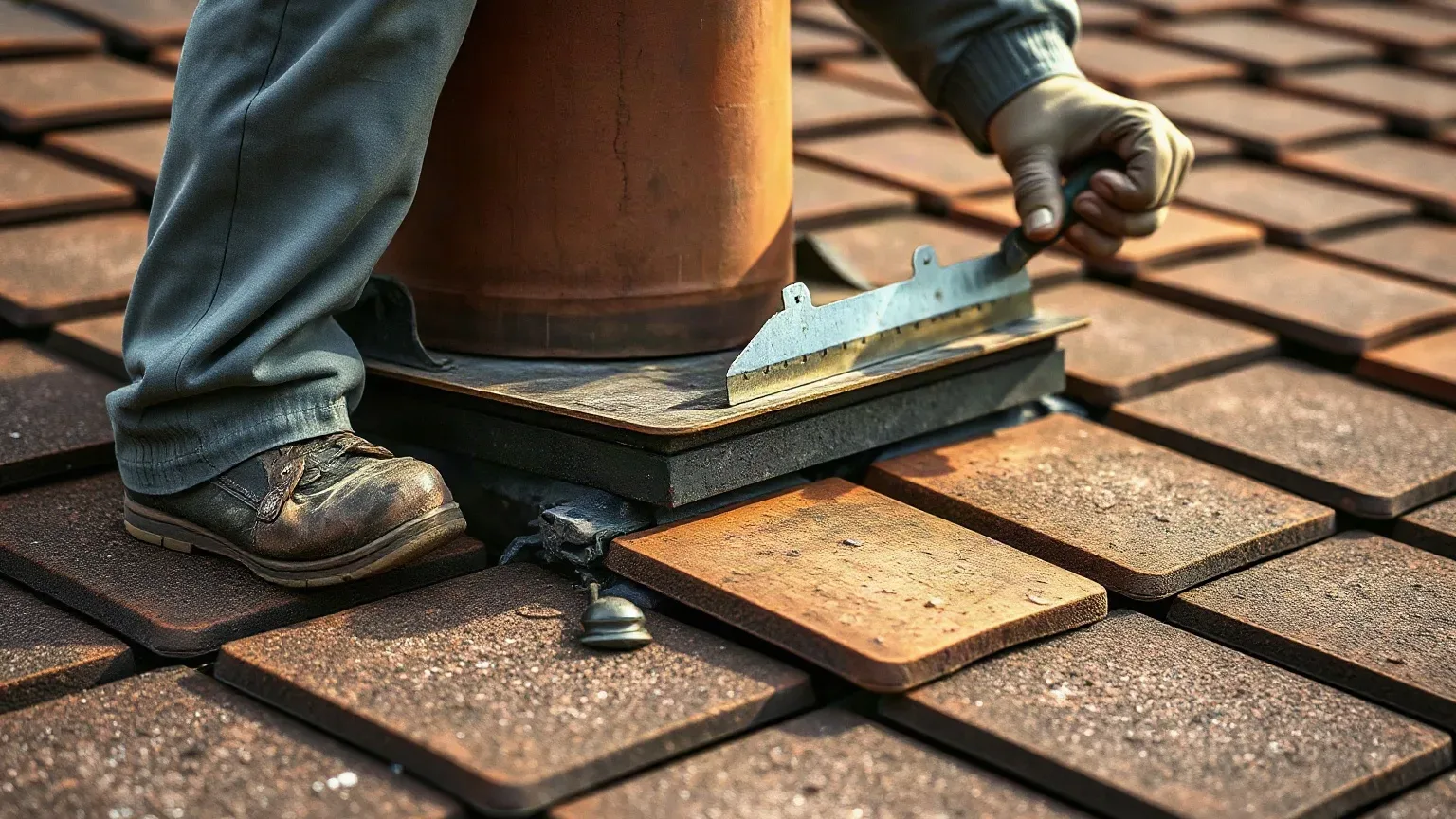 A roofer applies flashing around the base of a pipe on a clay-tiled roof using a metal tool
