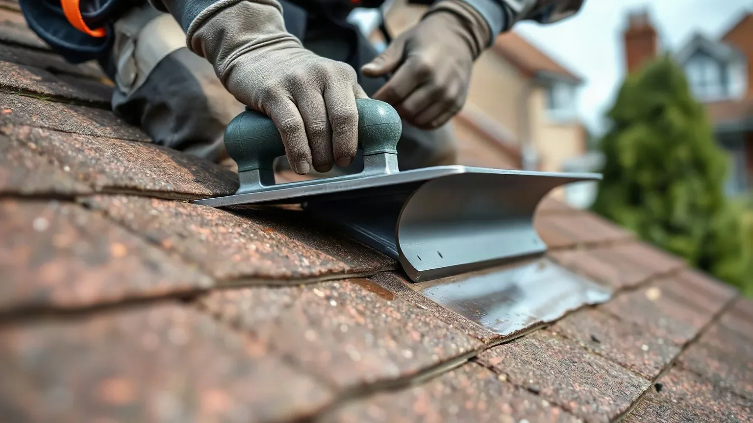 A person wearing work gloves and a safety harness installs a metal flashing component onto aged clay roof tiles, with a residential street visible in the background