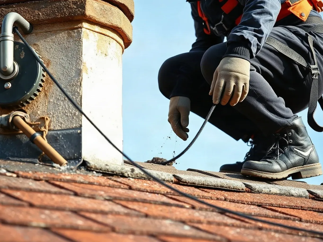 A person in work overalls and a safety harness crouches on a pitched tiled roof beside a chimney stack, handling a flexible cable