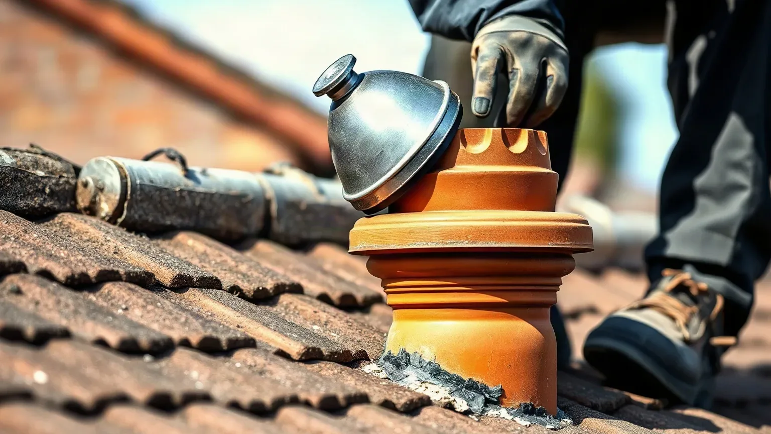 A person wearing work gloves fits a metal cap onto a terracotta chimney pot on a tiled roof