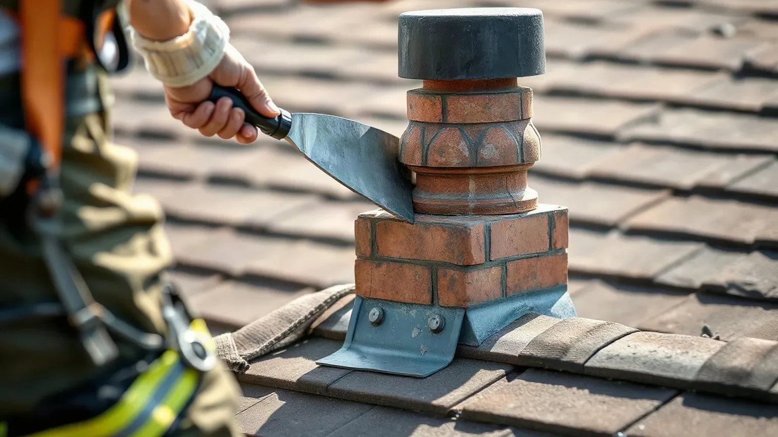A roofer in a safety harness using a metal roofing trowel to re-form the sloped mortar flaunching around a freshly capped chimney pot at the top of a stack on a pitched residential roof to ensure water sheds away cleanly.