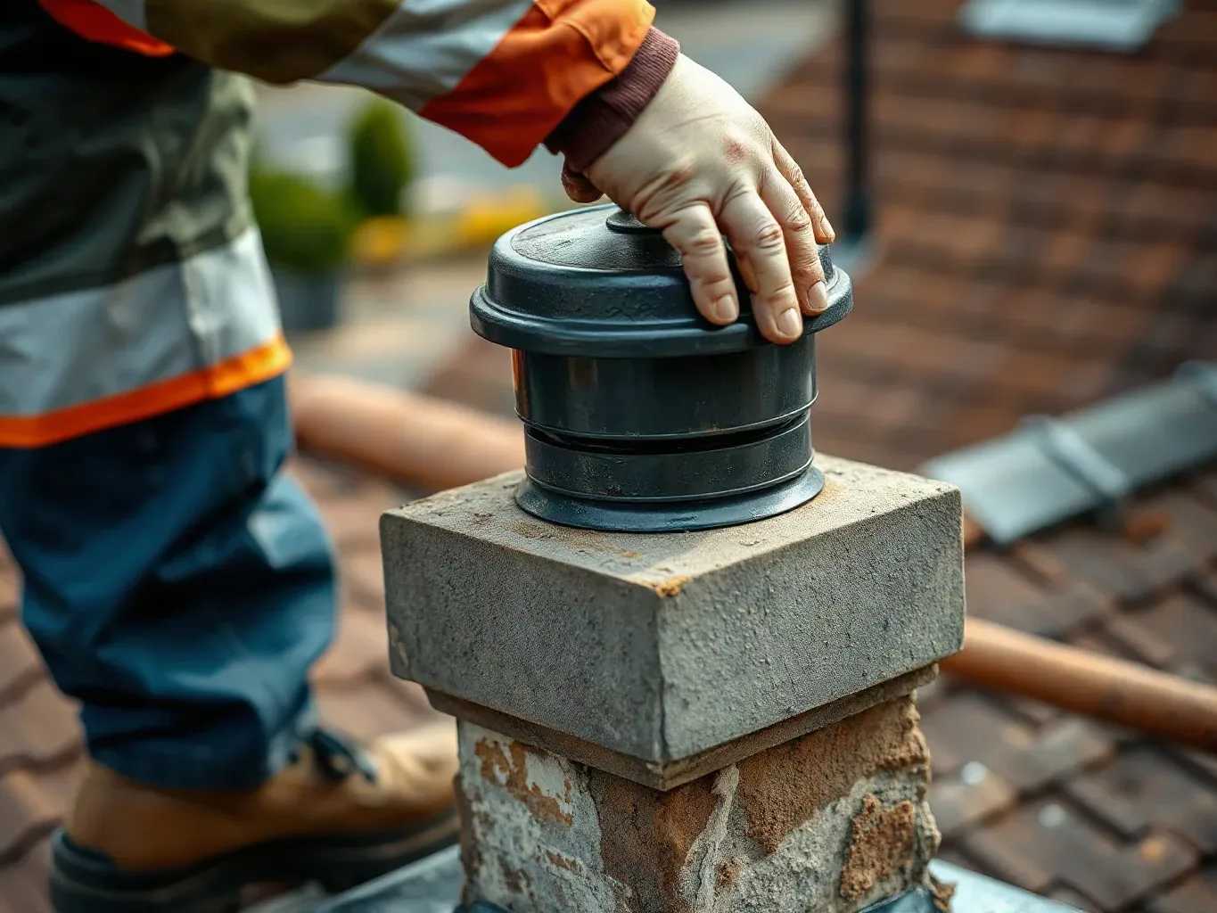 A worker in an orange and grey jacket places a black cap onto a chimney pot atop a stone chimney stack on a tiled roof