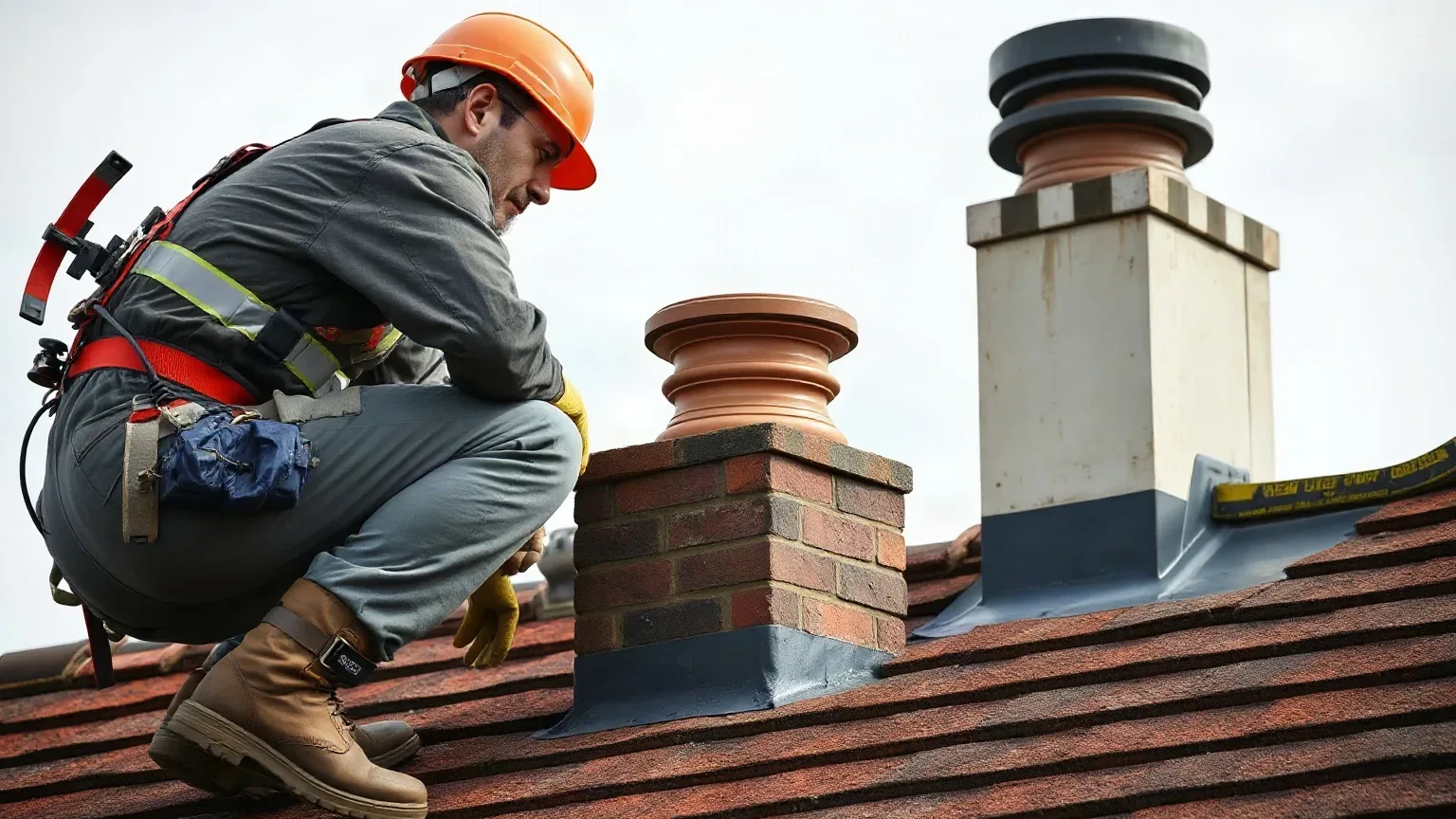 A worker in an orange hard hat and safety harness crouches on a pitched tiled roof to inspect a brick chimney stack with lead flashing