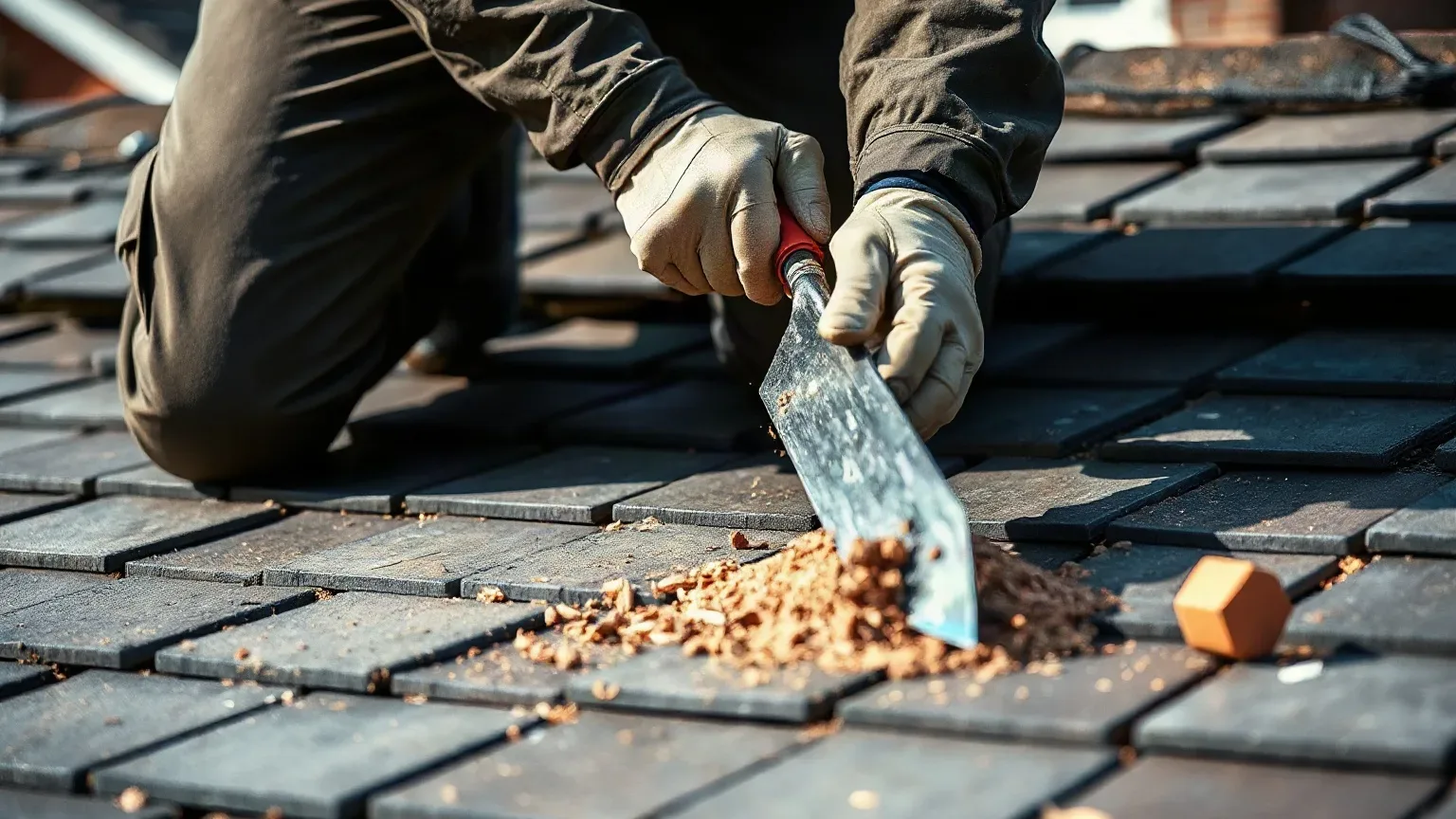 A roofer in full workwear kneeling on a pitched residential roof and using a slate ripper tool to clear the mortar residue left by a removed terracotta pot before preparing the flaunching surface for a new solid cap.