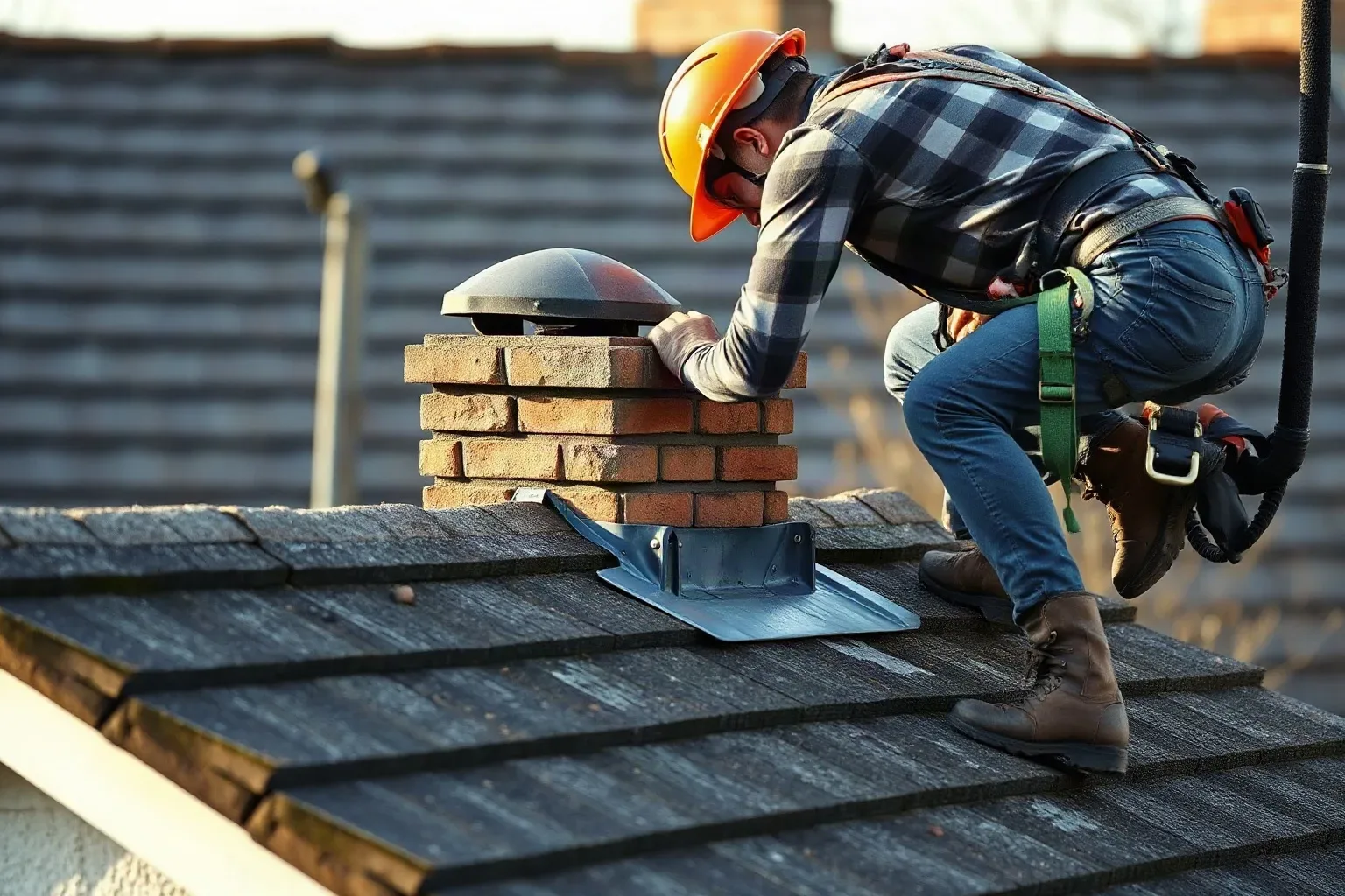 A worker wearing an orange hard hat and safety harness crouches on a slate-tiled roof to inspect a brick chimney stack fitted with a metal cowl and flashing