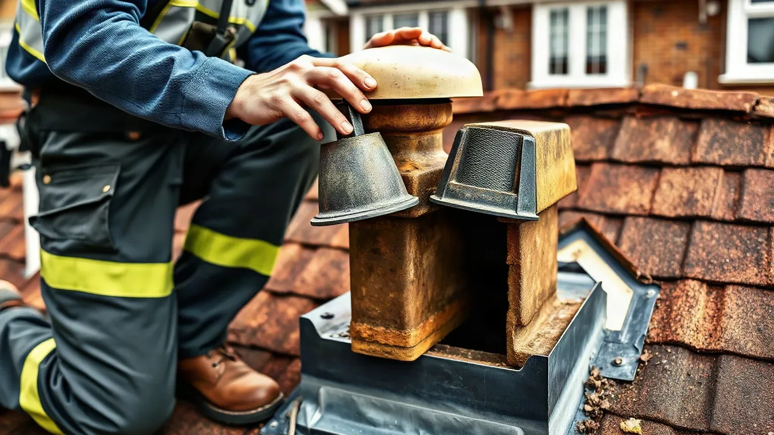 A worker in a hi-vis uniform kneels on a tiled roof, handling metal chimney cowls on a brick chimney stack with lead flashing at its base