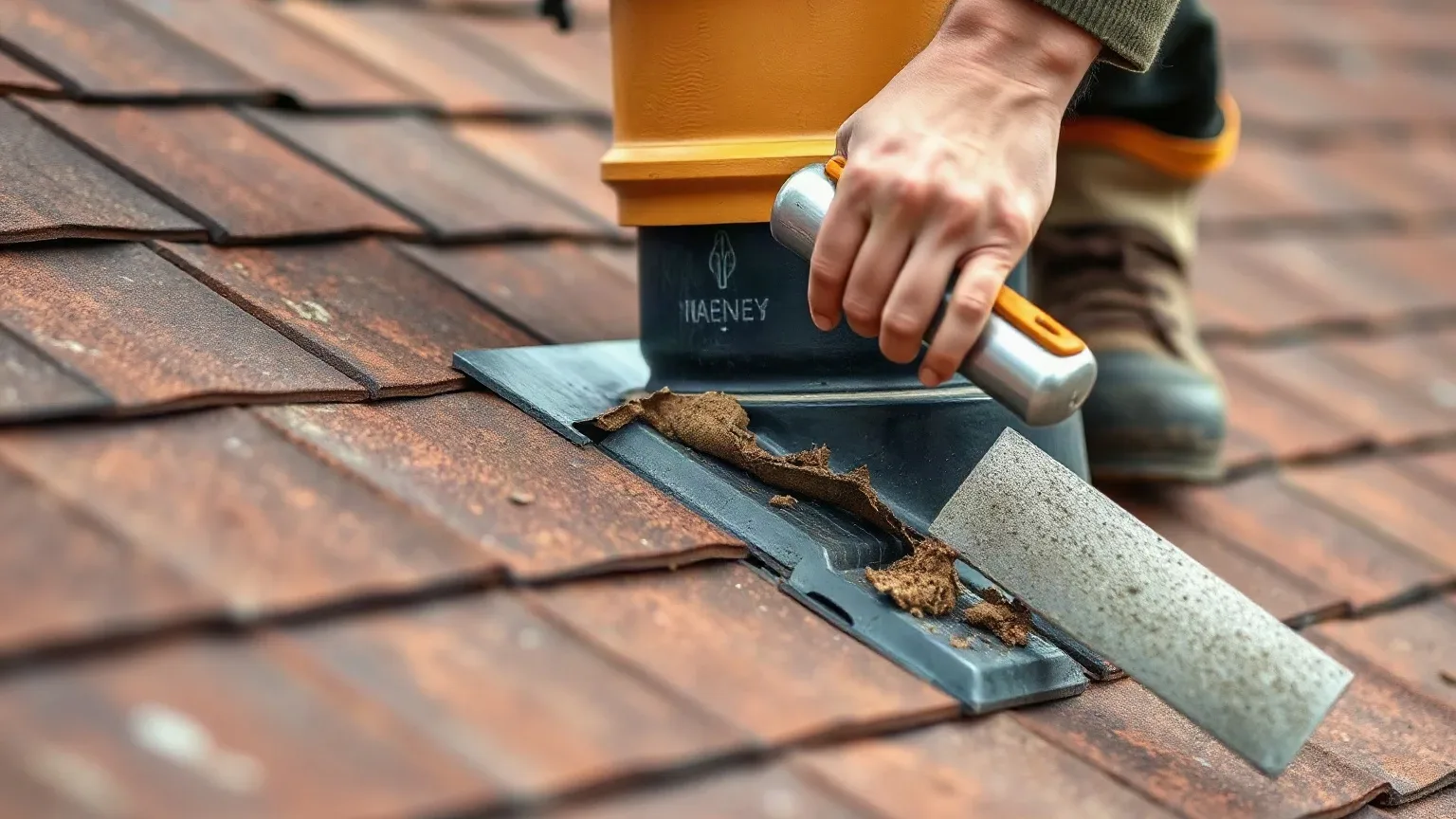 A roofer in a safety harness using a metal roofing trowel to re-bed the mortar around a chimney pot base on a pitched residential roof after fitting a new cowl, smoothing the flaunching to shed water away from the stack.