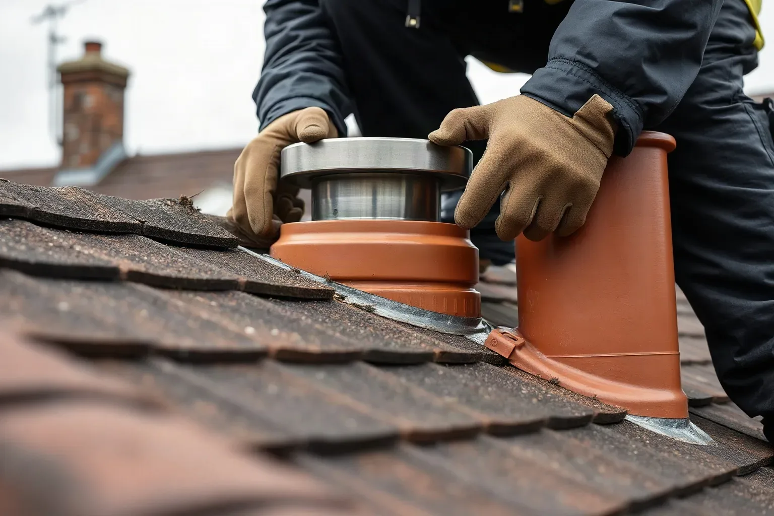 A person wearing work gloves fits a terracotta roof vent pipe fitting onto a shingled roof, with a chimney stack visible in the background