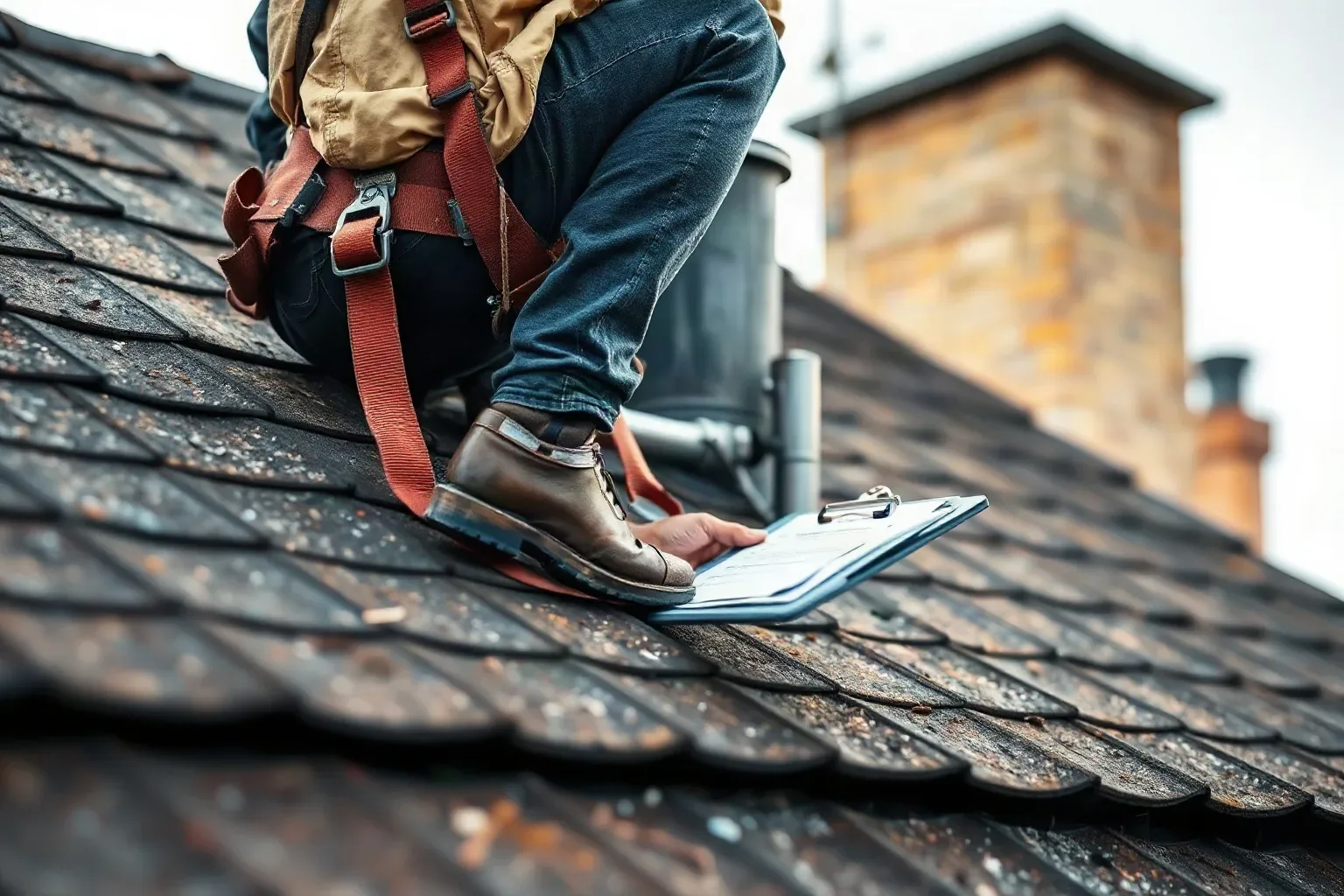 A roofer in a safety harness inspecting the lead flashing at the base of a chimney stack on a pitched residential roof and noting its condition on a clipboard before beginning a cowl installation job.