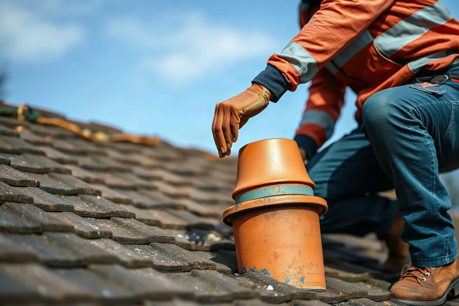 A worker in high-visibility workwear crouches on a clay-tiled pitched roof, reaching towards a terracotta chimney pot