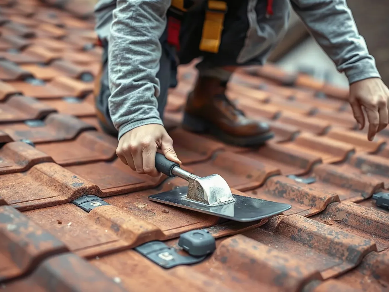 A roofer in a safety harness crouching low on a pitched residential roof and running a metal roofing trowel blade along the lower edge of a lead flashing apron to locate where it has lifted away from the clay tile course beneath.