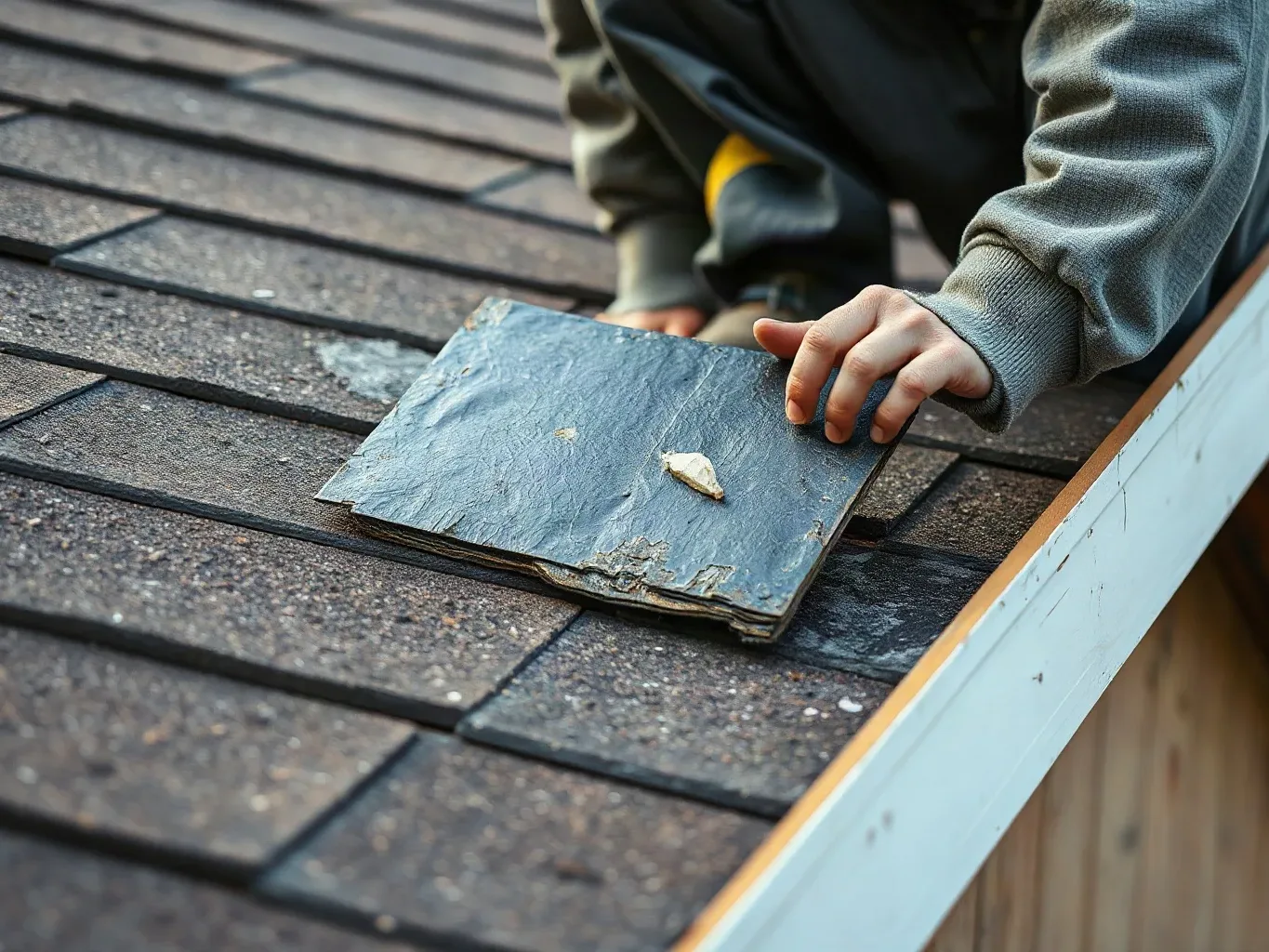 A roofer in full workwear holding a removed section of old lead flashing up at arm's length on a pitched residential roof and examining a visible split running across its width before deciding on the repair approach.