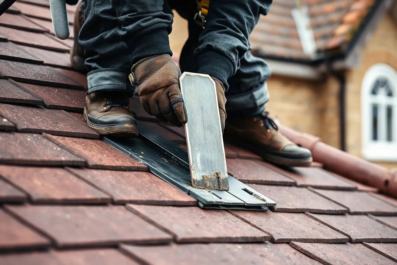 A person in work gloves and boots lifts a damaged roof tile on a pitched residential roof covered with dark red clay tiles