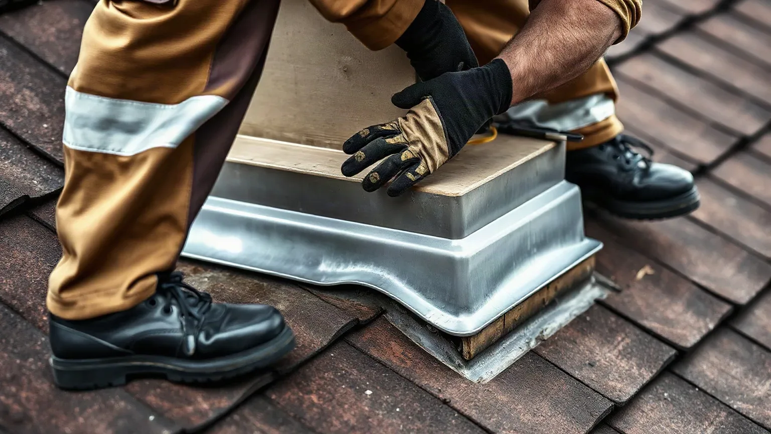 A worker in work trousers and gloves installs a metal roof vent fitting on a tiled roof