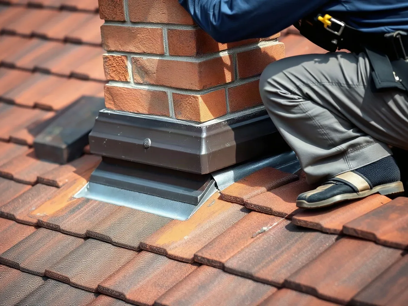 A roofer in a safety harness crouching beside a chimney stack on a pitched residential roof and photographing the lead flashing junction with a camera while noting the condition of the surrounding clay tiles.