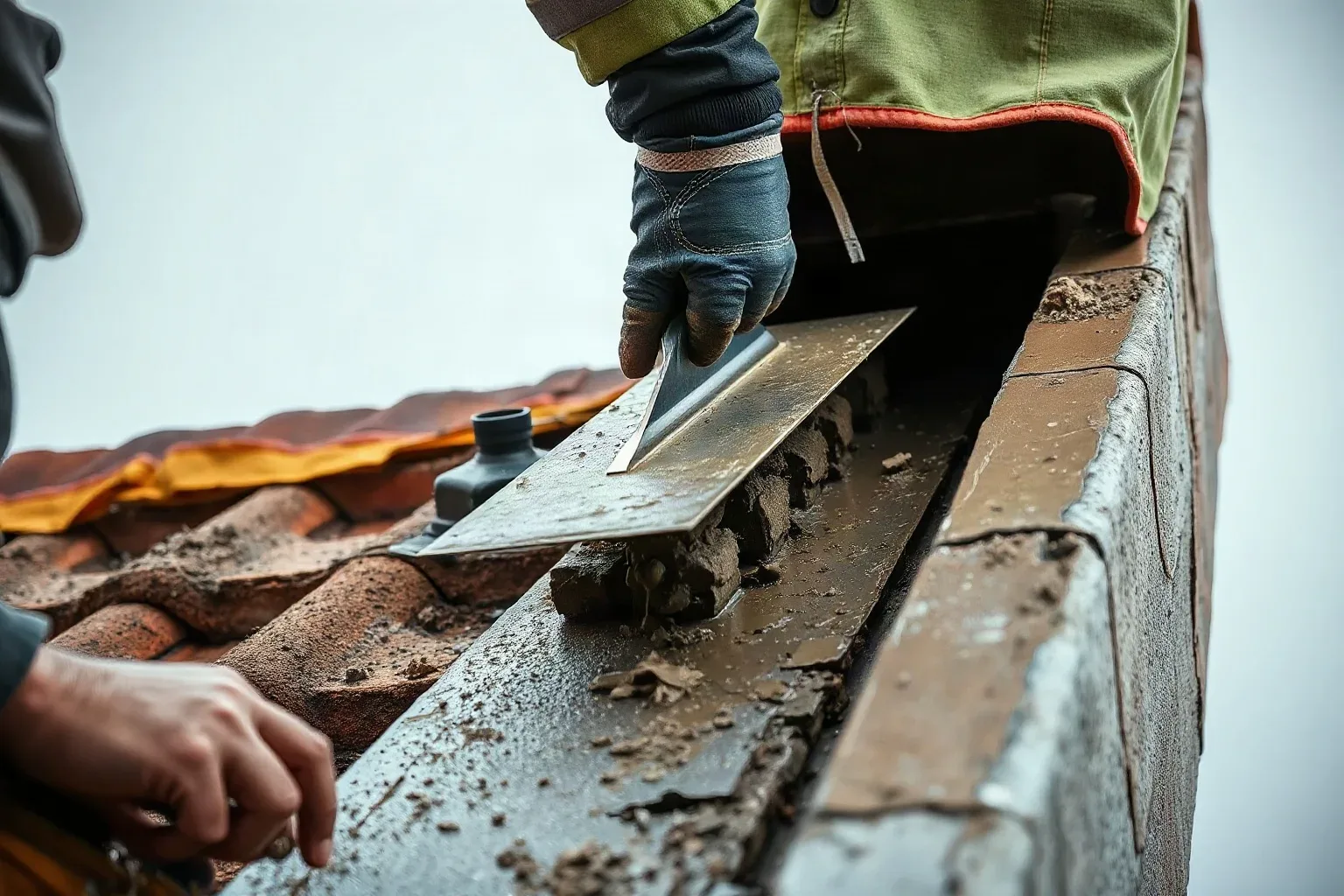 A roofer in full workwear applying fresh mortar with a metal roofing trowel to seal the top edge of a newly dressed lead flashing strip where it enters the mortar joint of a chimney stack on a grey overcast day.