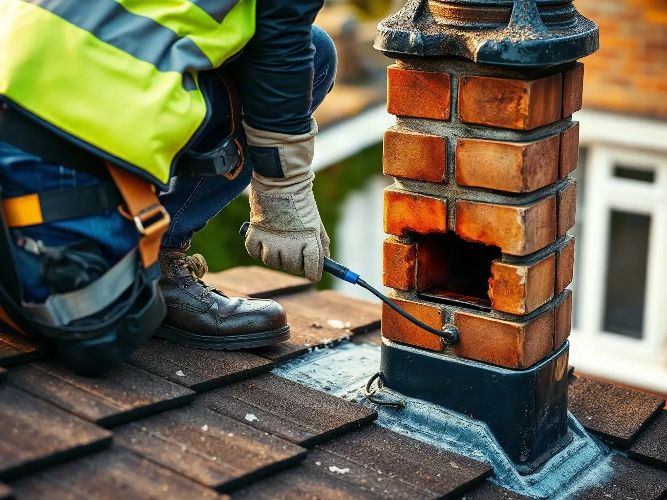 A person in a hi-visibility vest and work gloves crouches on a tiled roof, inserting a cable or probe into an opening in a brick chimney stack