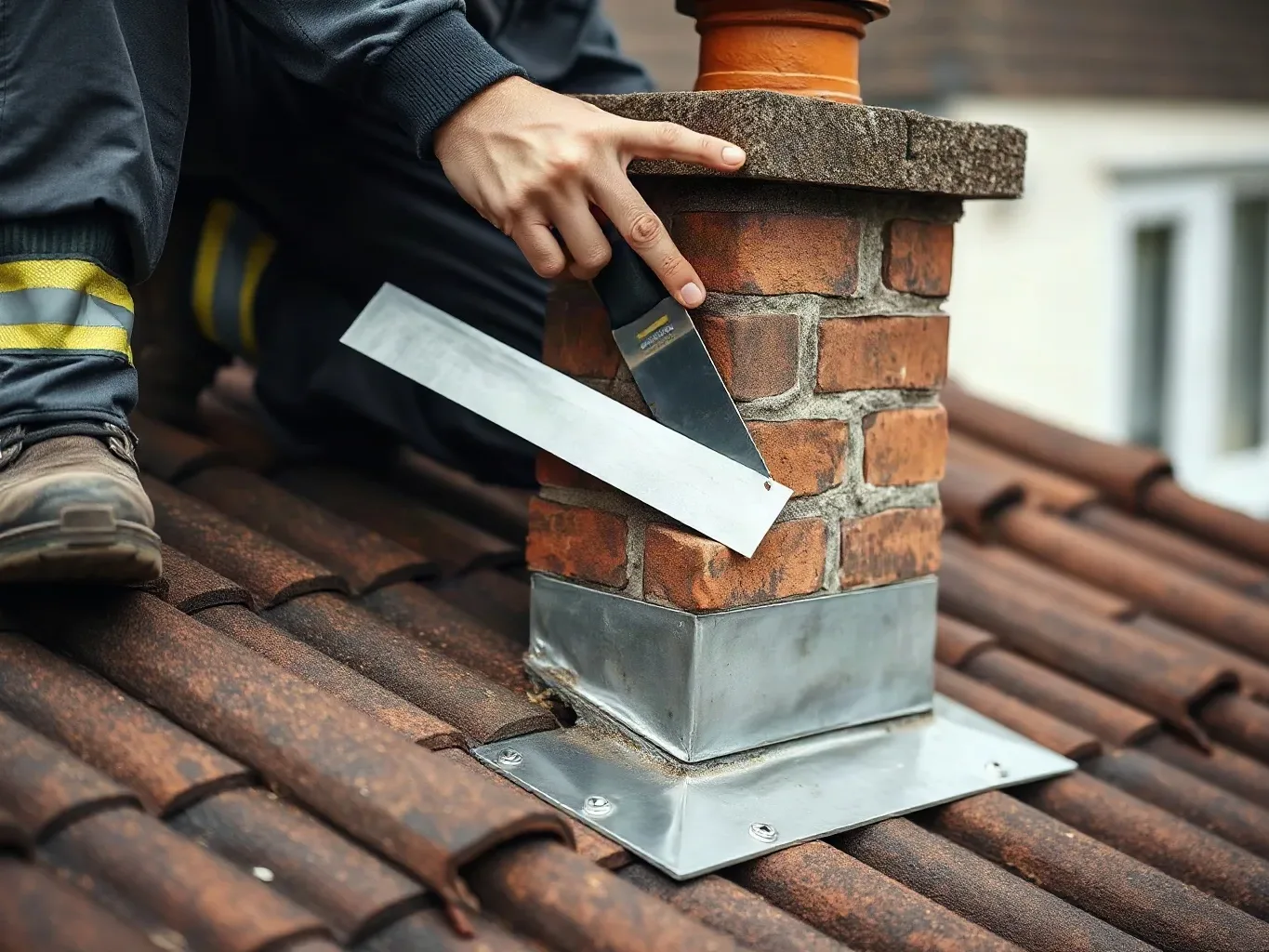 A person in work trousers crouches on a tiled roof, using a trowel to work on the metal flashing around a brick chimney stack
