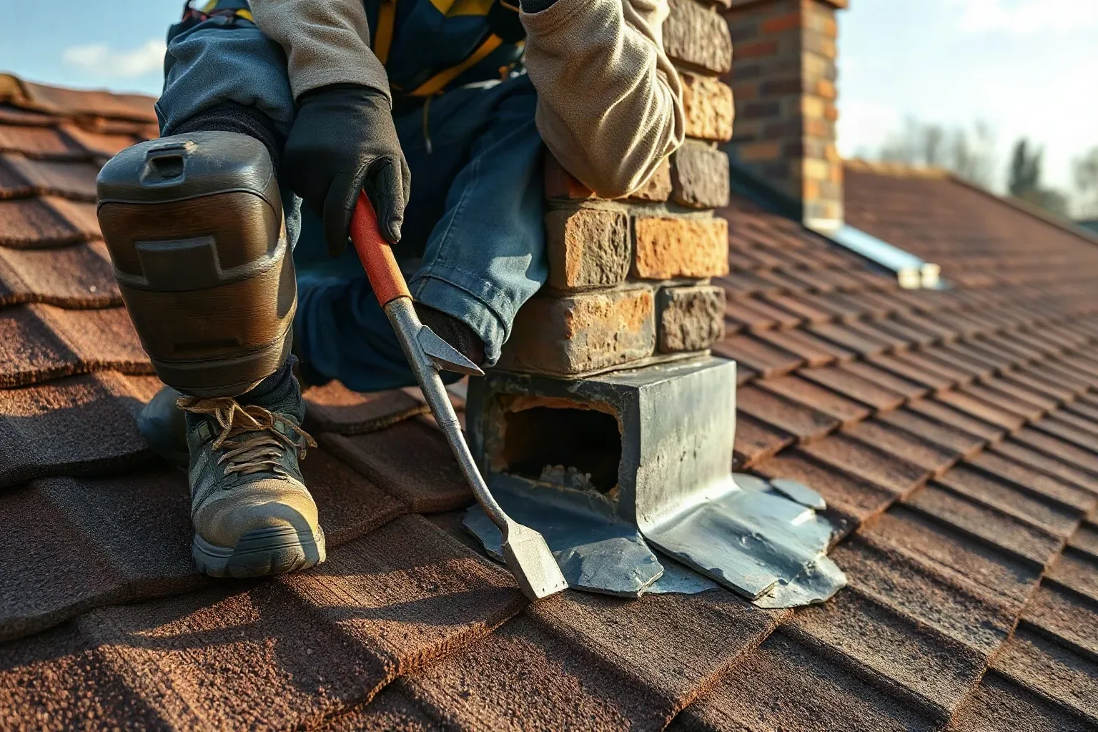 A person in work gloves and knee pads uses a chisel tool to work on lead flashing at the base of a brick chimney stack on a tiled roof