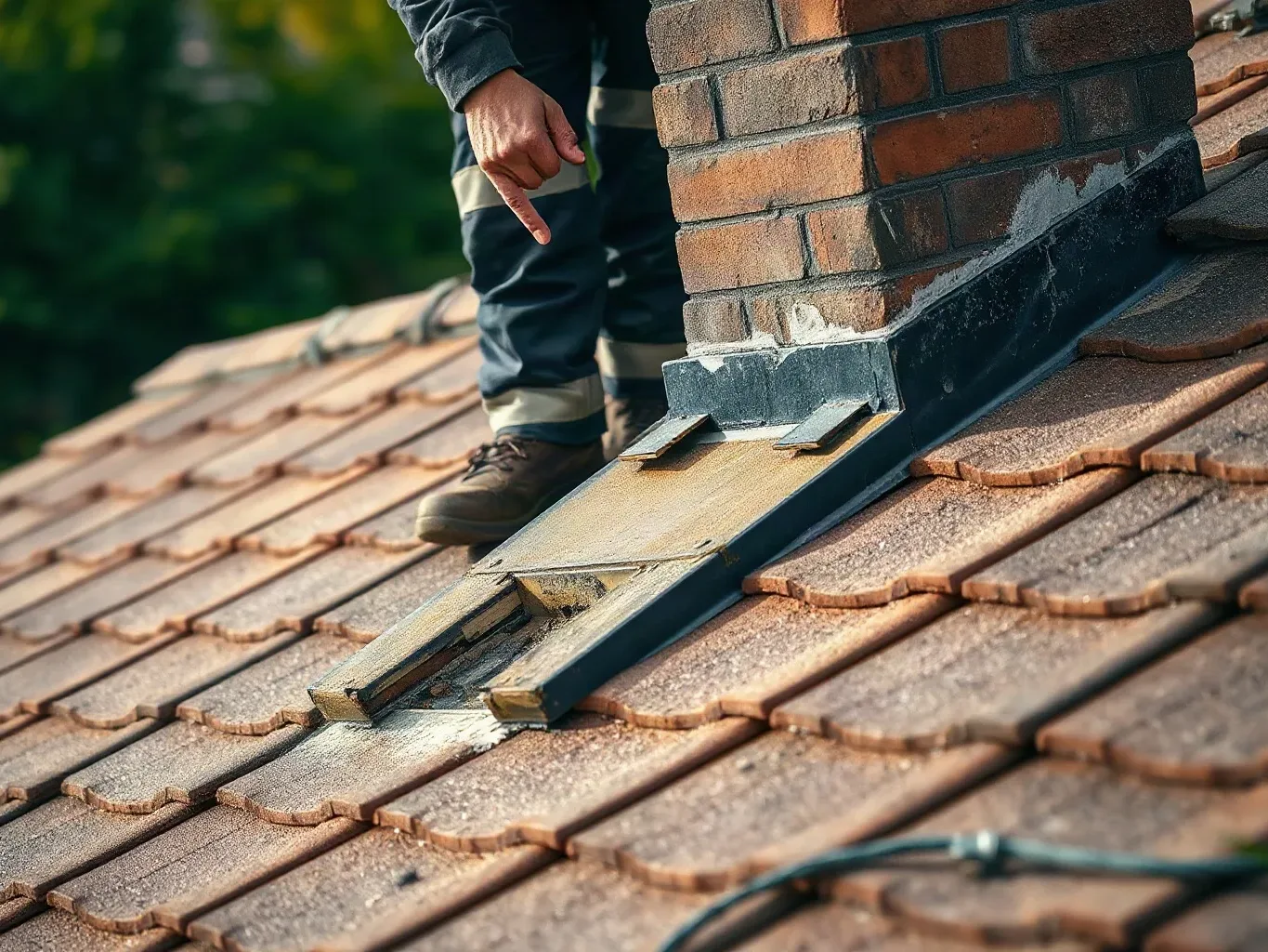 A person in work trousers points at deteriorating lead flashing where a brick chimney stack meets a clay-tiled roof
