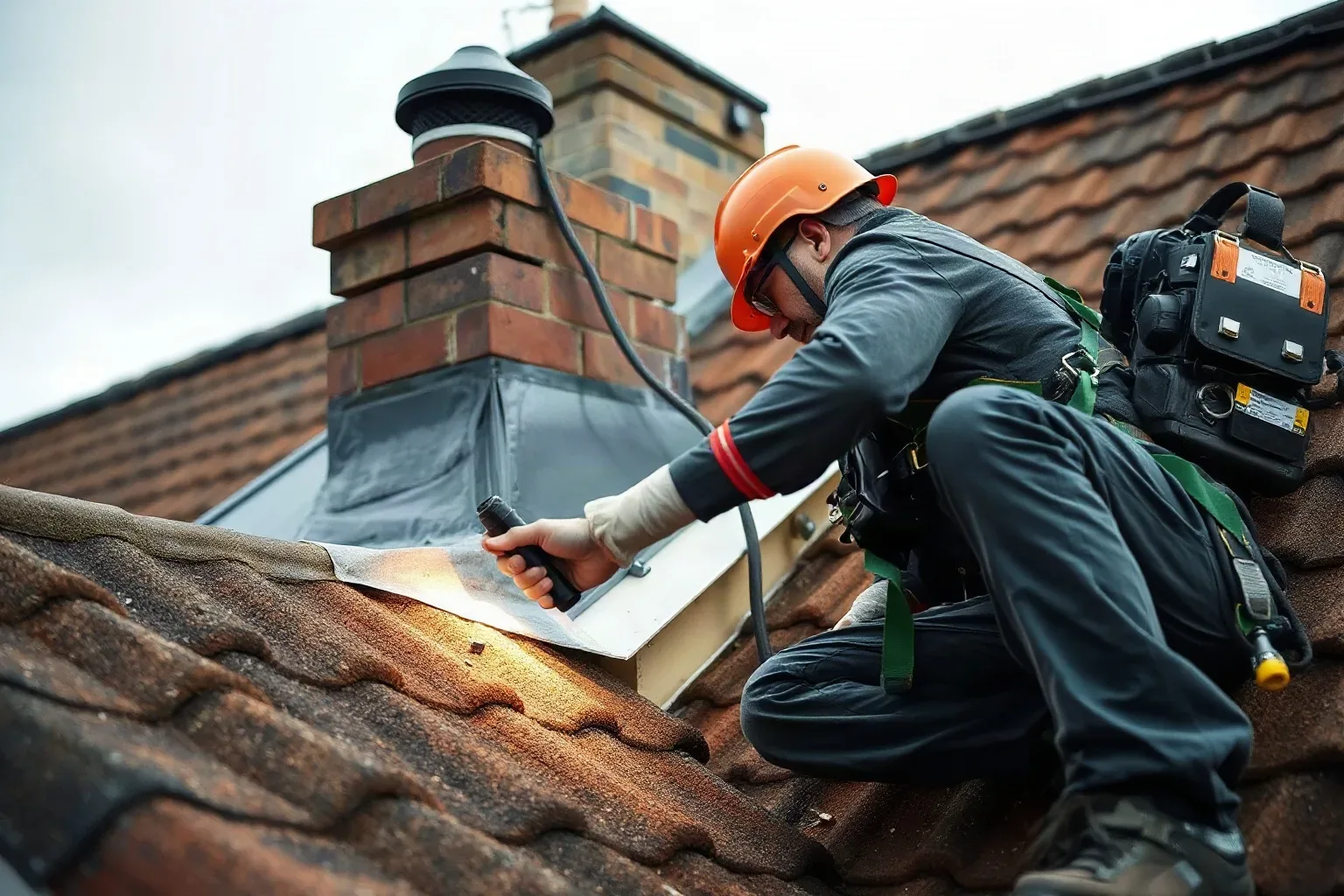 A roofer in a safety harness lifting a clay tile adjacent to a chimney stack on a pitched residential roof and shining a torch onto the roofing felt underlayment beneath to document water damage found during an inspection visit.