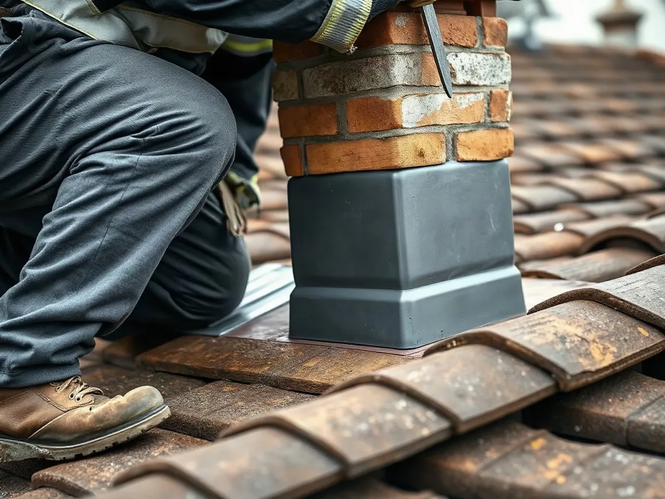 A roofer in full workwear crouching on a pitched residential roof and examining the mortar joints along the upper courses of a chimney stack with a metal roofing trowel as part of a condition assessment on a grey day.