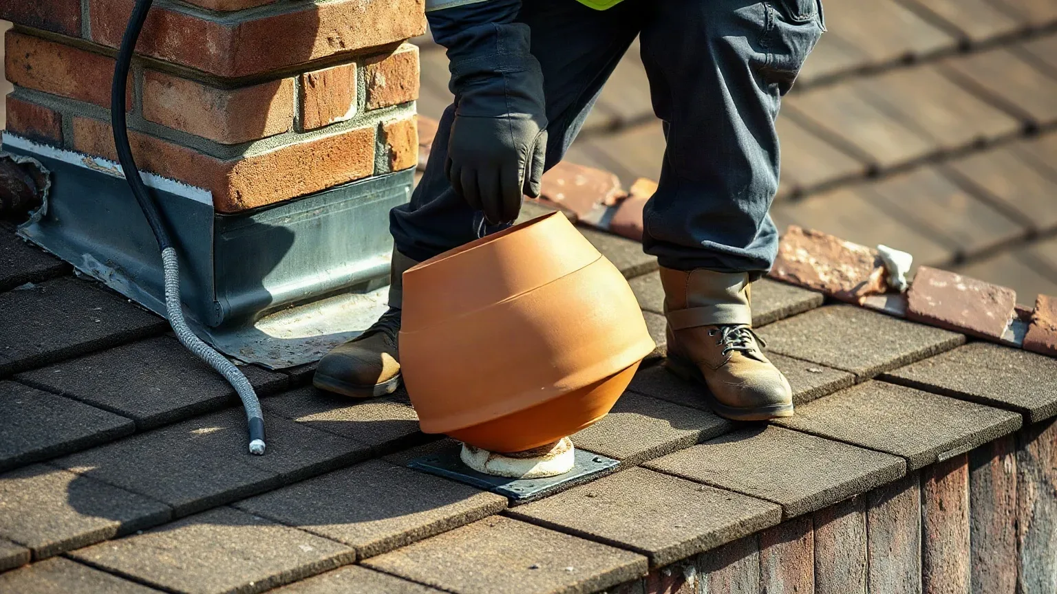 A roofer in full workwear standing on a pitched residential roof beside a chimney stack and tilting a loose terracotta pot by hand to reveal the crumbling mortar flaunching beneath it before beginning replacement.