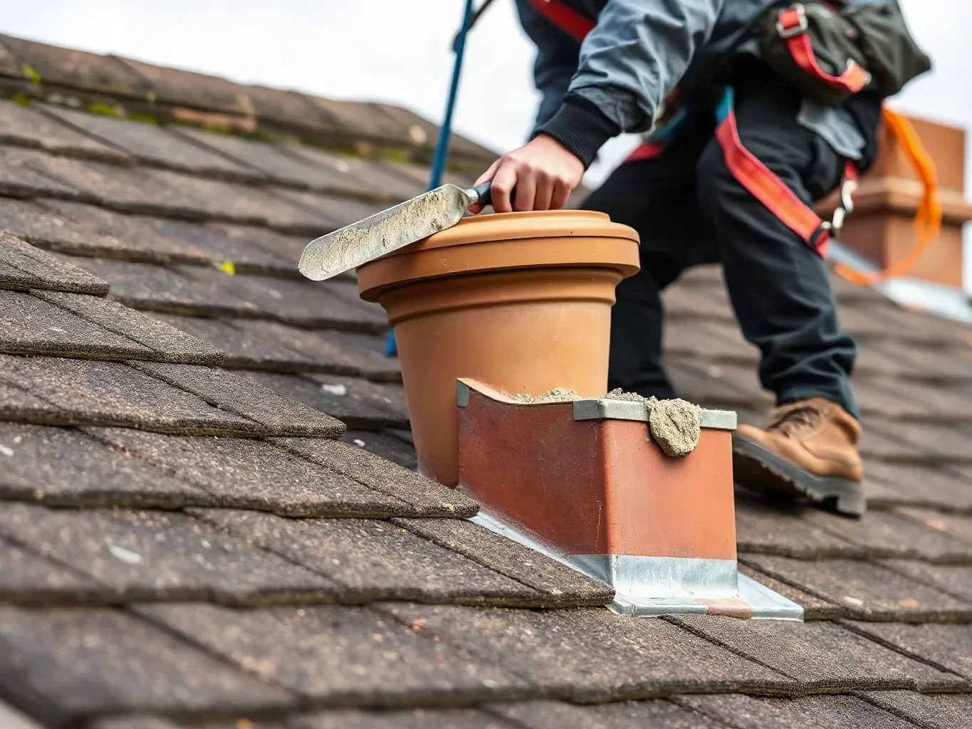 A roofer in a safety harness applying fresh mortar with a metal roofing trowel to the flaunching surface at the top of a chimney stack before bedding a replacement terracotta pot into position on a pitched residential roof.